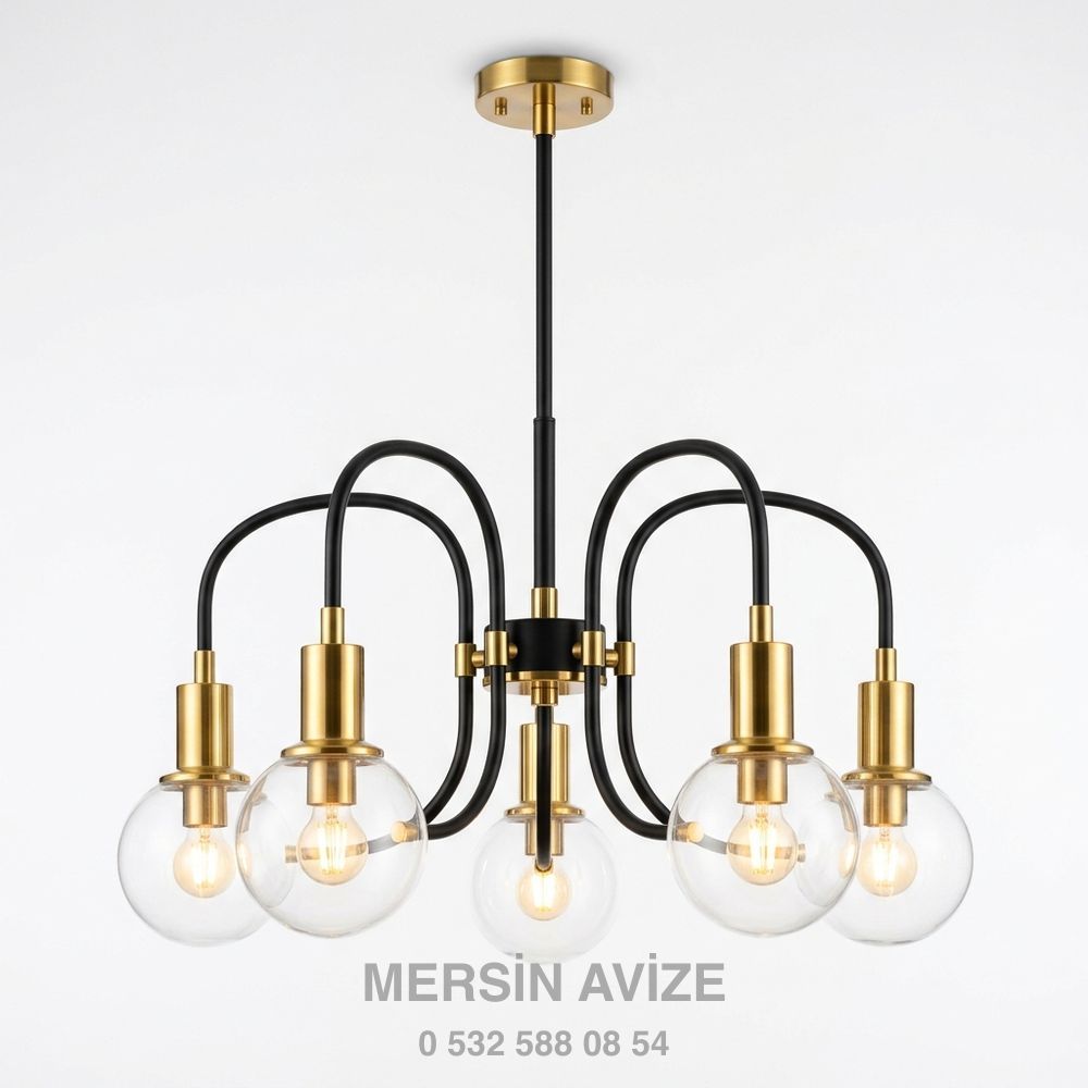 Gold Detaylı 5'li Salon Avizesi